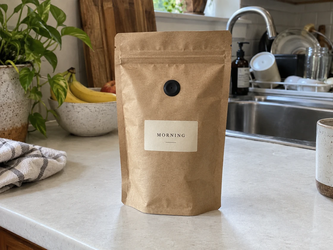 Coffee bag on a kitchen table: original