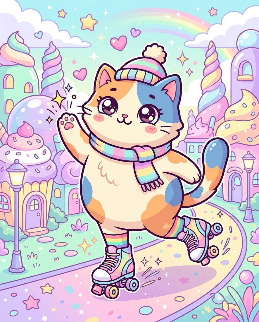 Colorful illustration of a roller-skating kitten in a playful pastel town