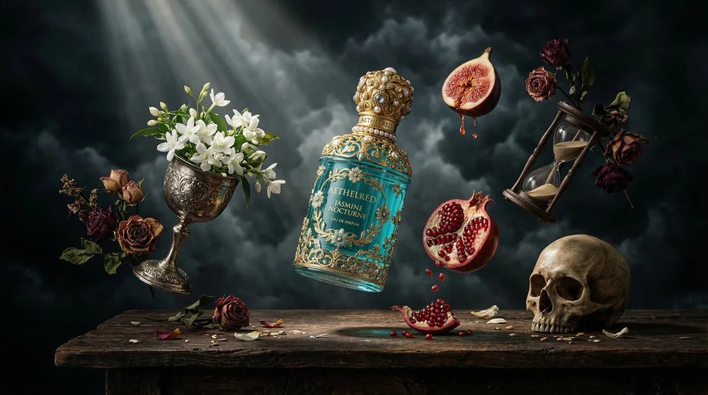 Surreal still life with a turquoise perfume bottle and suspended flowers and fruit