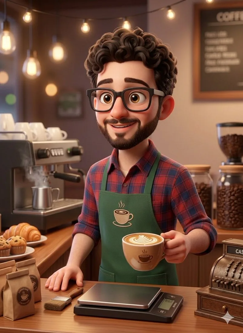 Stylized 3D barista holding coffee in a warmly lit cafe