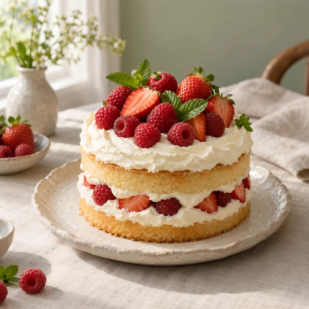 Berry cream cake · fruit, cream and linen: actual enhanced result